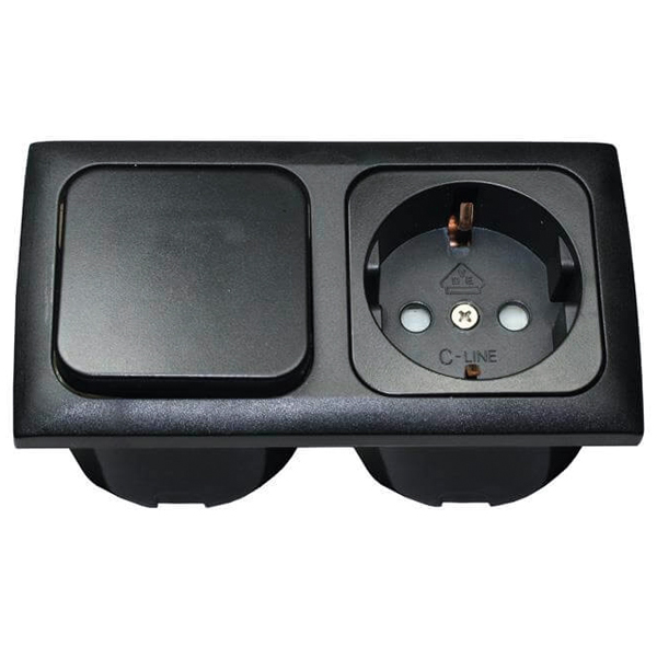 1272091_XL Indbygningsstik 220v med afbryder komplet sort - Billede 1